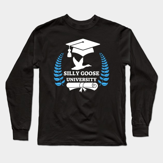 Silly Goose University - Flying Goose White Design With Blue Details Long Sleeve T-Shirt by Double E Design